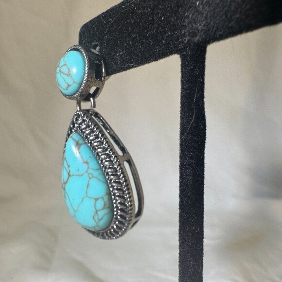 Turquoise color & Silver-Plated Bohemian Drop Earrings With Teardrop Shape - Picture 2 of 6